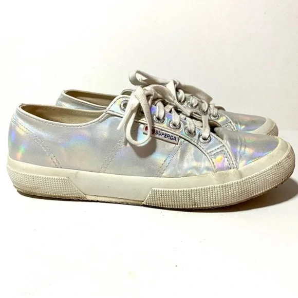 Superga White Iridescent Hologram Sneakers Trainers Size 9 Silver Metallic - Picture 3 of 16
